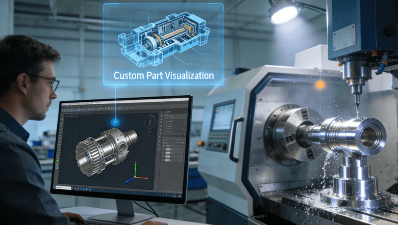 An engineer reviews a 3D model of an aluminium aerospace component on a SmartMockups interface, while a modern CNC turning center machines the physical part in the background, illustrating the seamless flow from digital prototype to precision manufacturing.