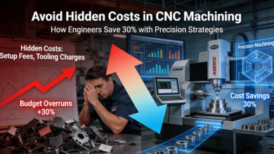 Comparison diagram contrasting traditional CNC machining problems (hidden costs, budget overruns) versus precision manufacturing solutions (30% savings, real-time monitoring) for engineering projects